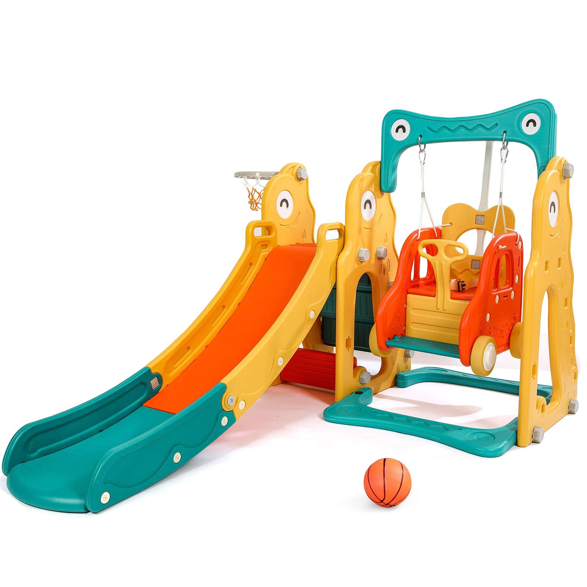 Baby Seal 4-in-1 Kids Slide Swing Set Basketball Hoop