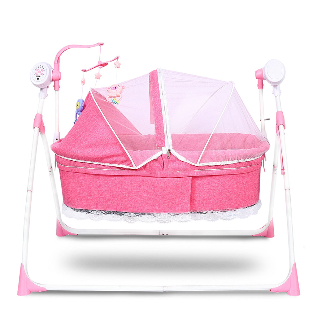 2-in-1 Foldable Pink Baby Cradle Bed & Cot Swing with Mosquito Net - Snug N Play