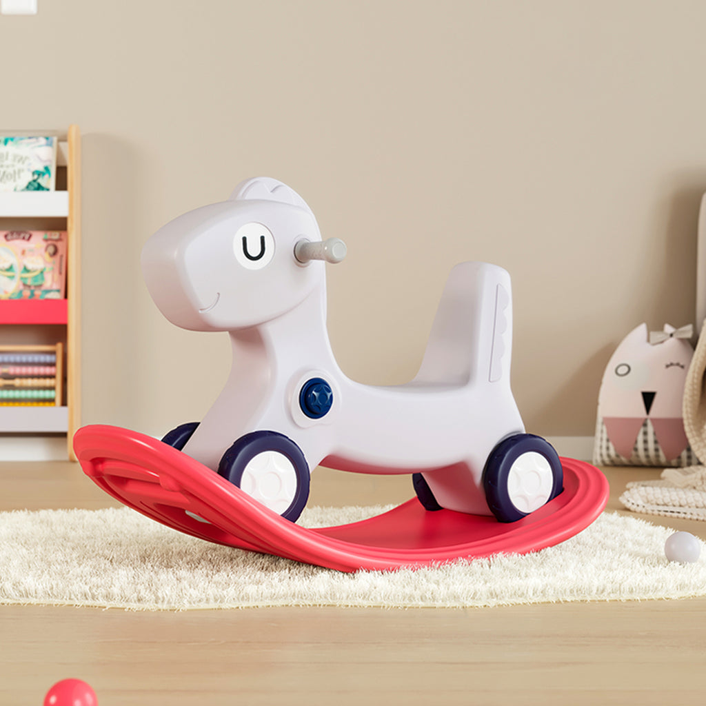 3-in-1 Kids White and Red Rocking Horse with Ride On Push Car & Balance Board - Snug N Play