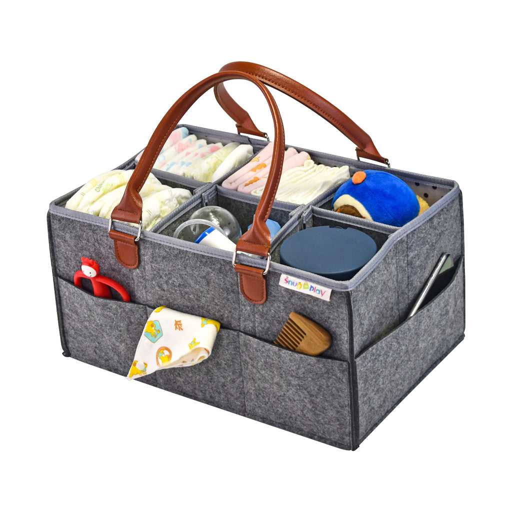 Diaper Caddy XL Size | Portable Diaper Organizer Bag | Grey with Brown Handles - Snug N Play