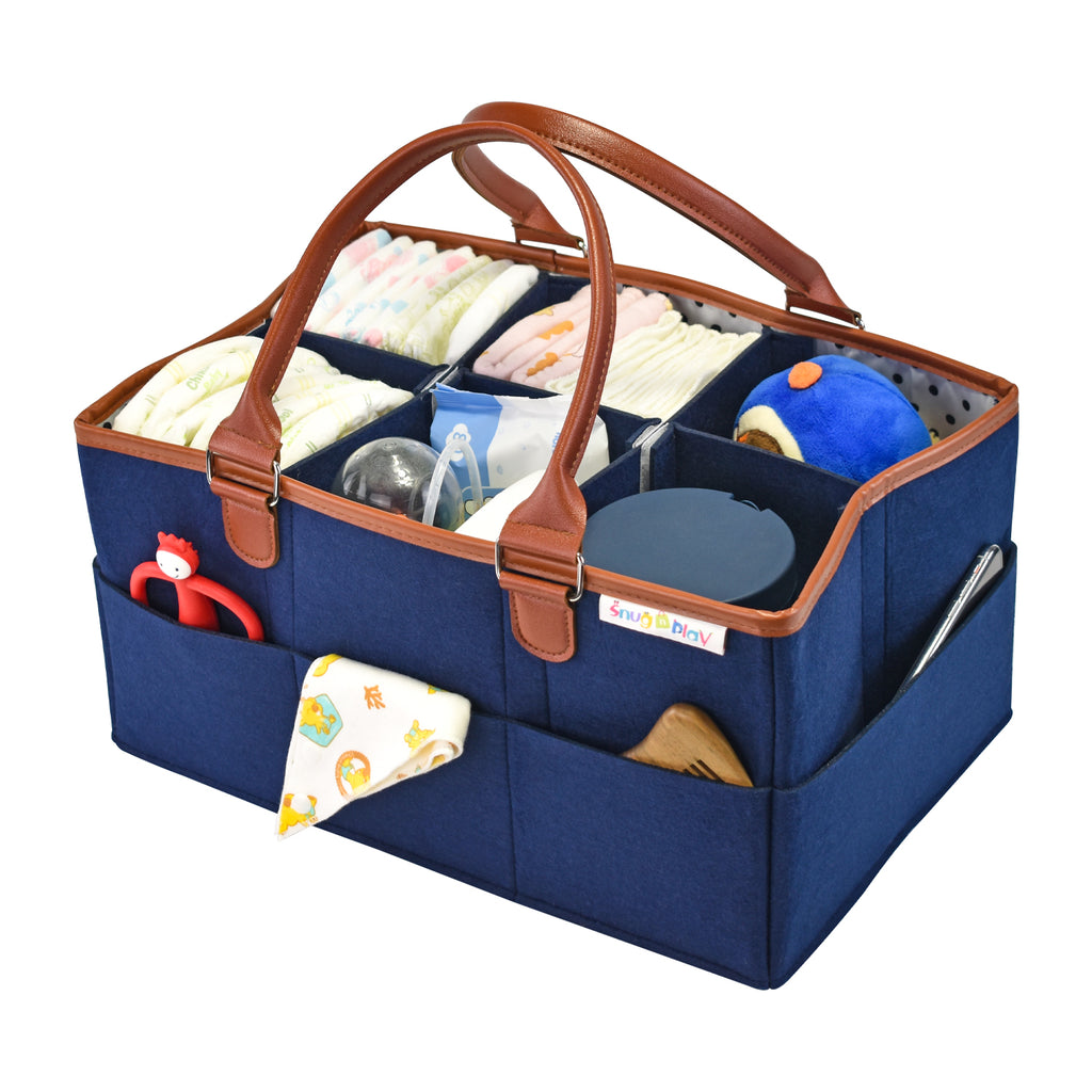 Diaper Caddy XL Size | Blue with Brown Handles | Portable Diaper Organizer Bag