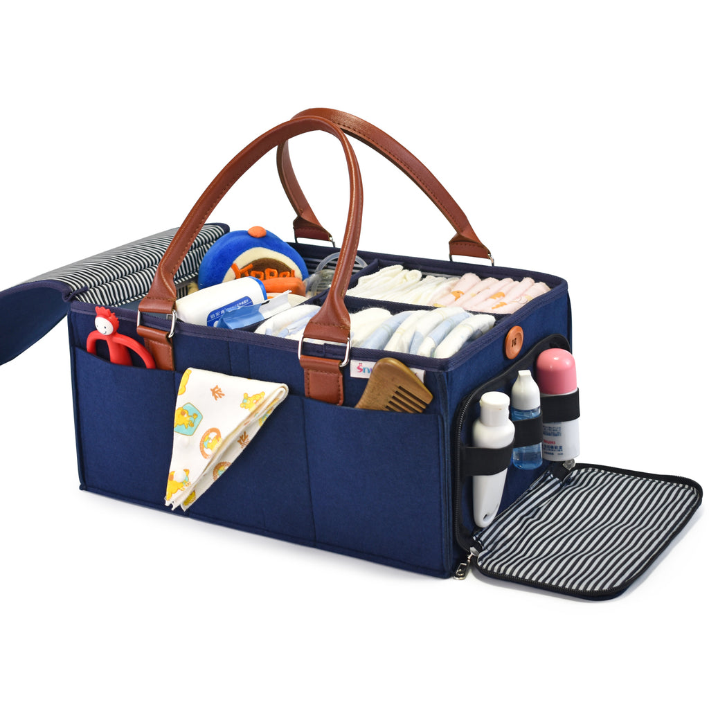 Diaper Caddy Large Size with Lid | Blue with Brown Handles | Portable Diaper Organizer Bag - Snug N Play