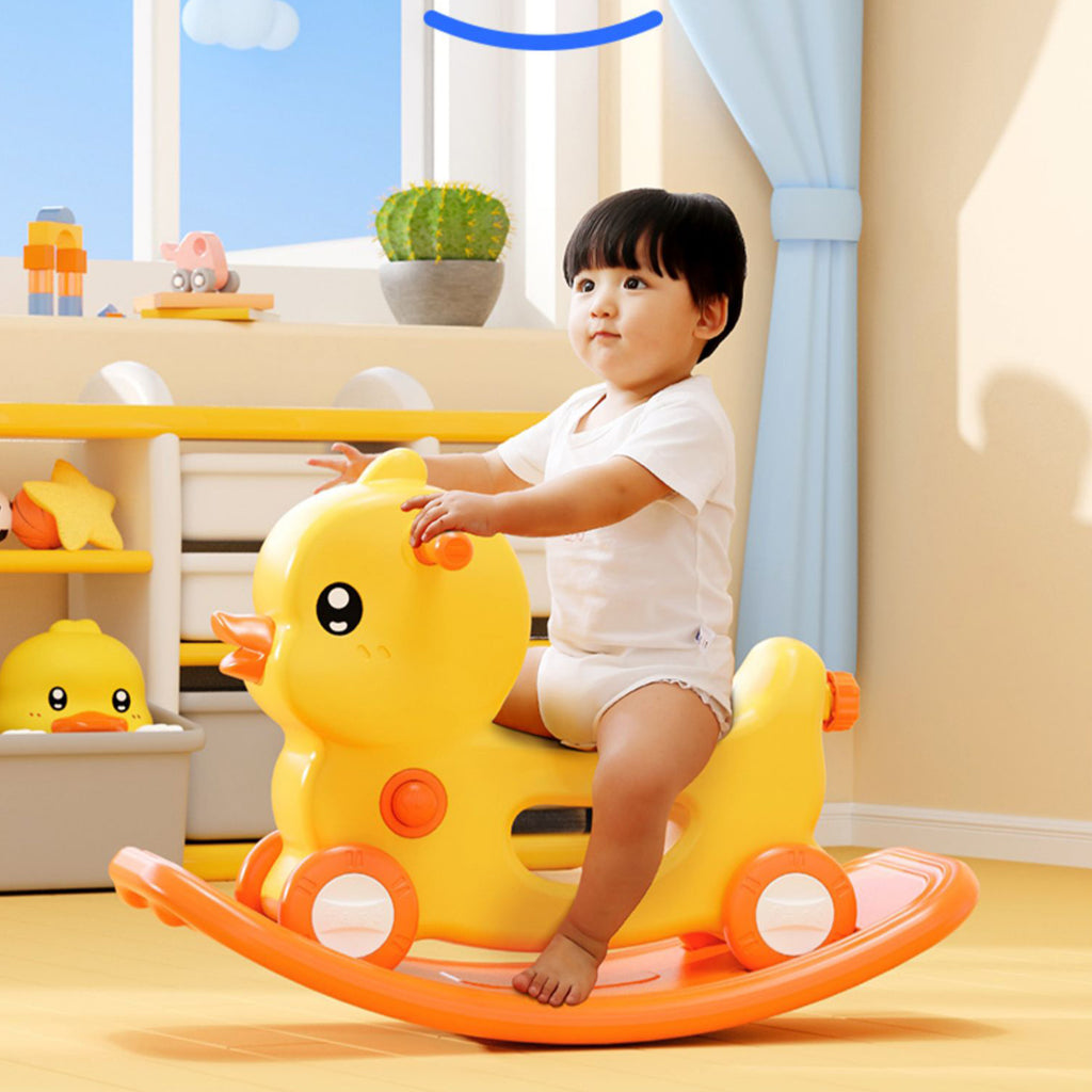 2-in-1 Kids Yellow Rocking Horse & Ride On Push Car | Duck | Music - Snug N Play