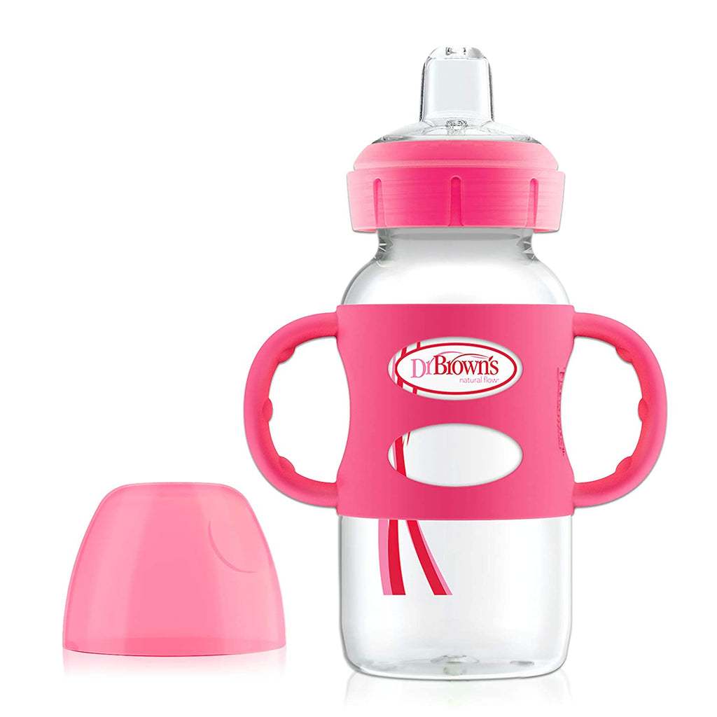 Dr. Brown’s Milestones Wide-Neck Sippy Bottle with 100% Silicone Handles | 9oz/270mL | Pink | 6m+