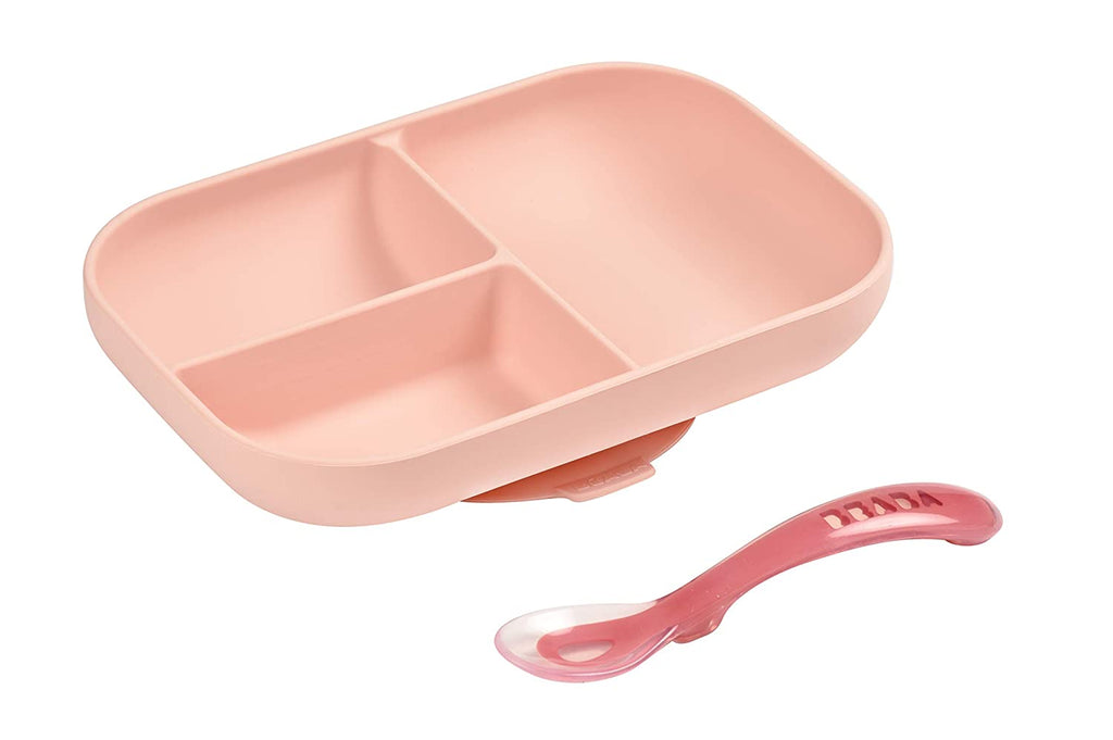 Beaba Divided Silicone Plate and Spoon Set - Rose