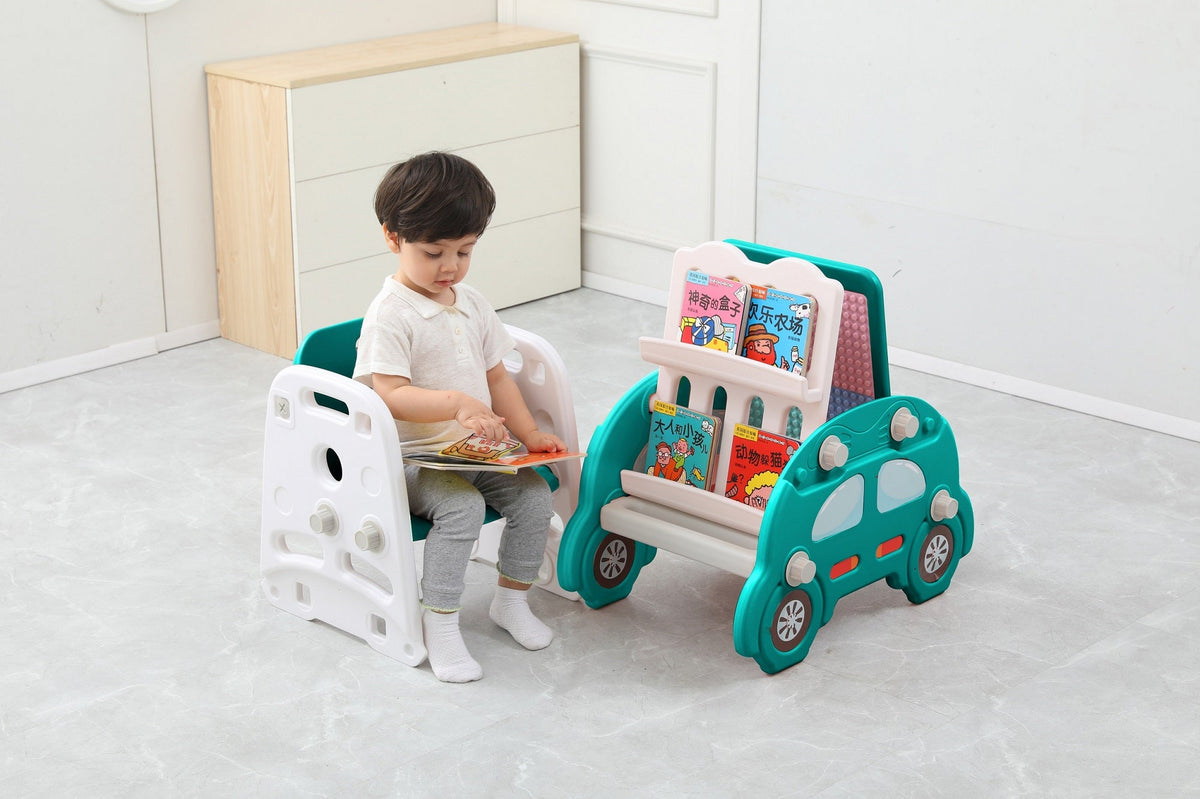 Car 4 in 1 Kids Table and Chair Set Drawing Board Bookshelf Blocks Table