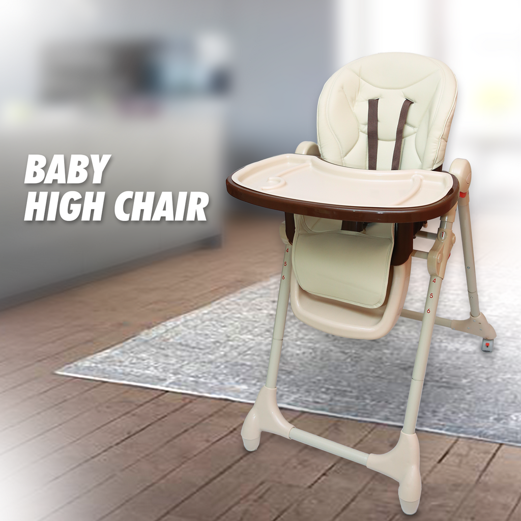 Foldable Baby High Chair | Beige Leather Cover | Adjustable Height, Recline & Tray - Snug N Play