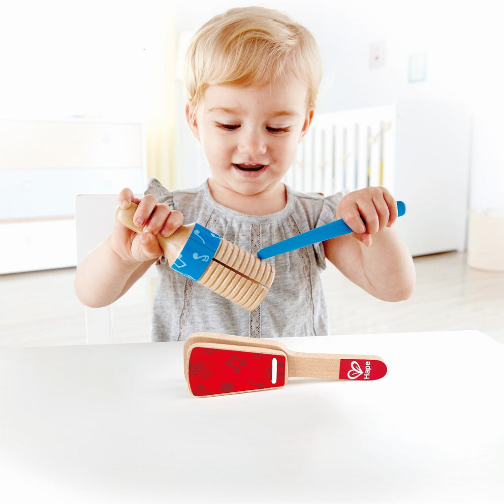 Hape Percussion Duo | Wooden Clapper & Guiro Hand Musical Instrument Toy Set for Toddlers - Snug N Play
