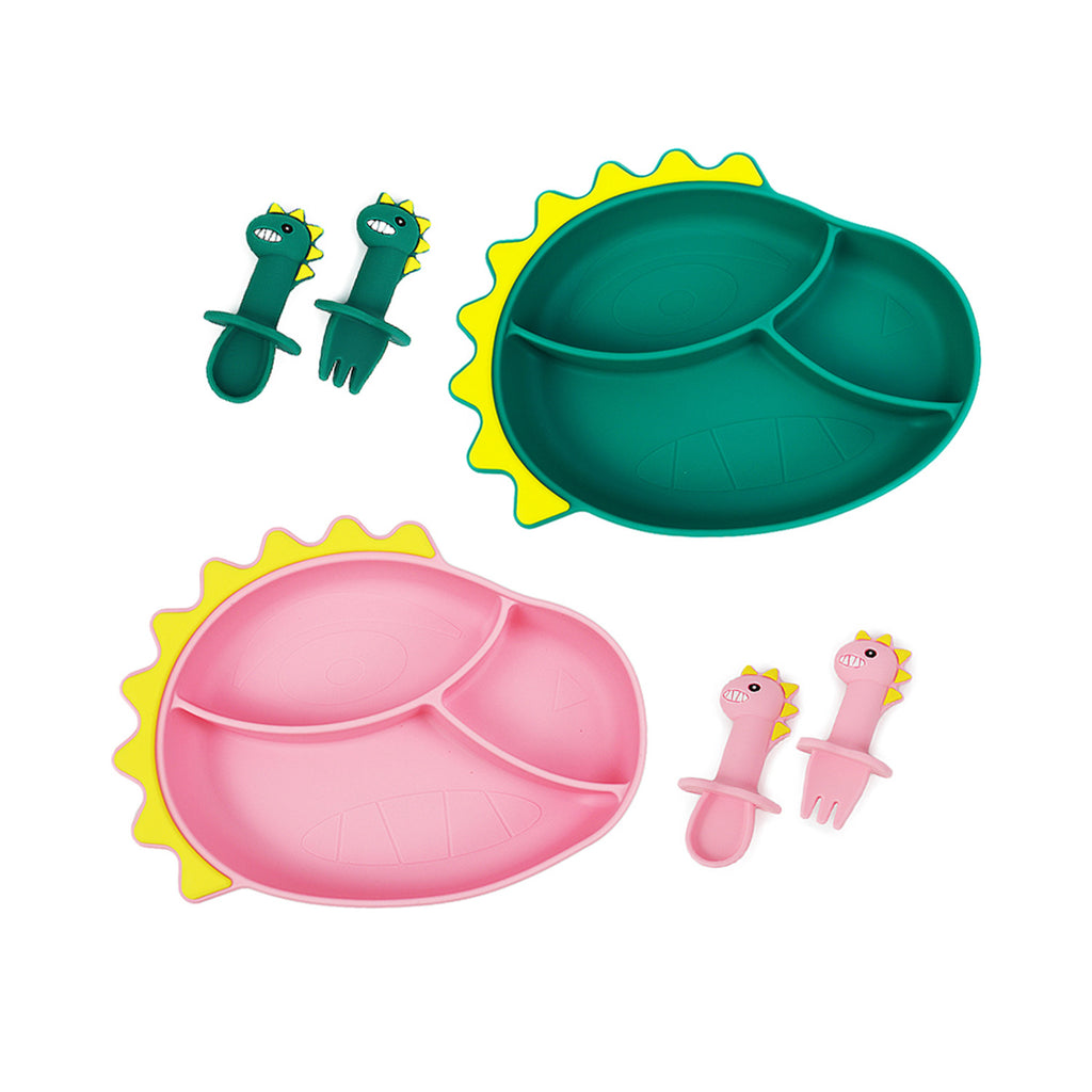 Mumlove Silicone Suction Plate with Spoon & Fork, Dinosaur