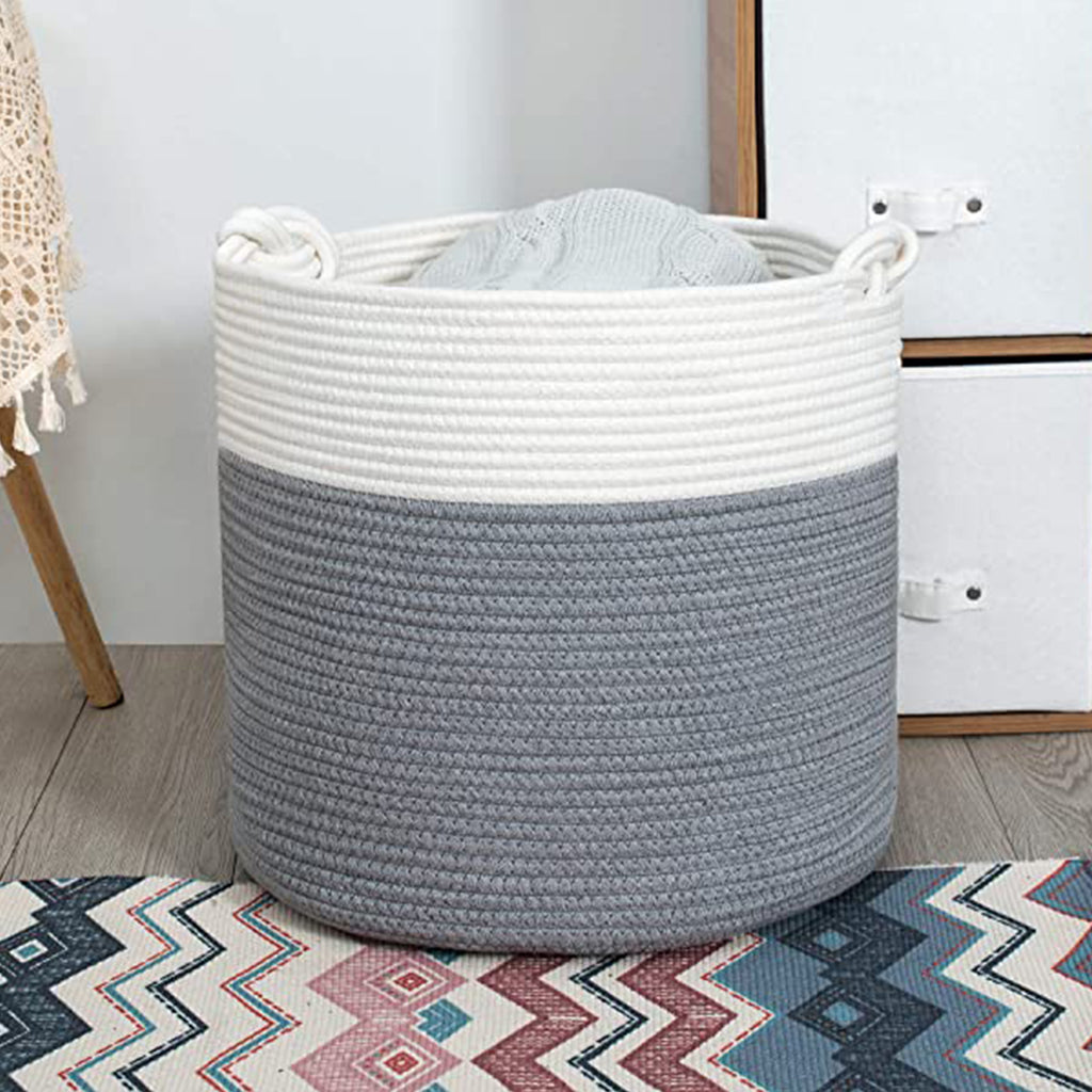 Cotton Rope Basket with Handles | 38 x 36cm | Light Grey/White | Toy, Laundry & Storage Basket - Snug N Play