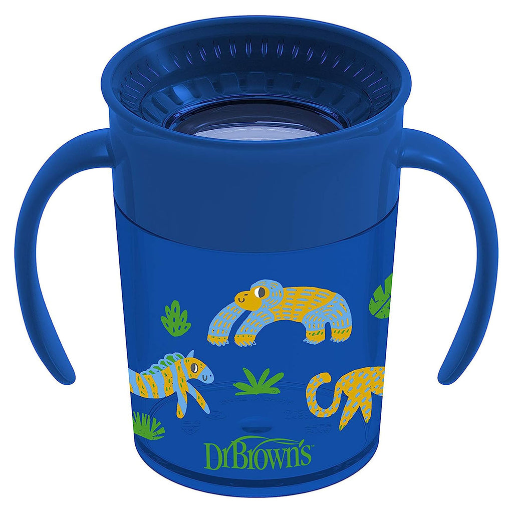 Dr. Brown's Jungle Fun Cheers 360 Training Sippy Cups with Handles, 7oz/200ml, 6m+, Blue