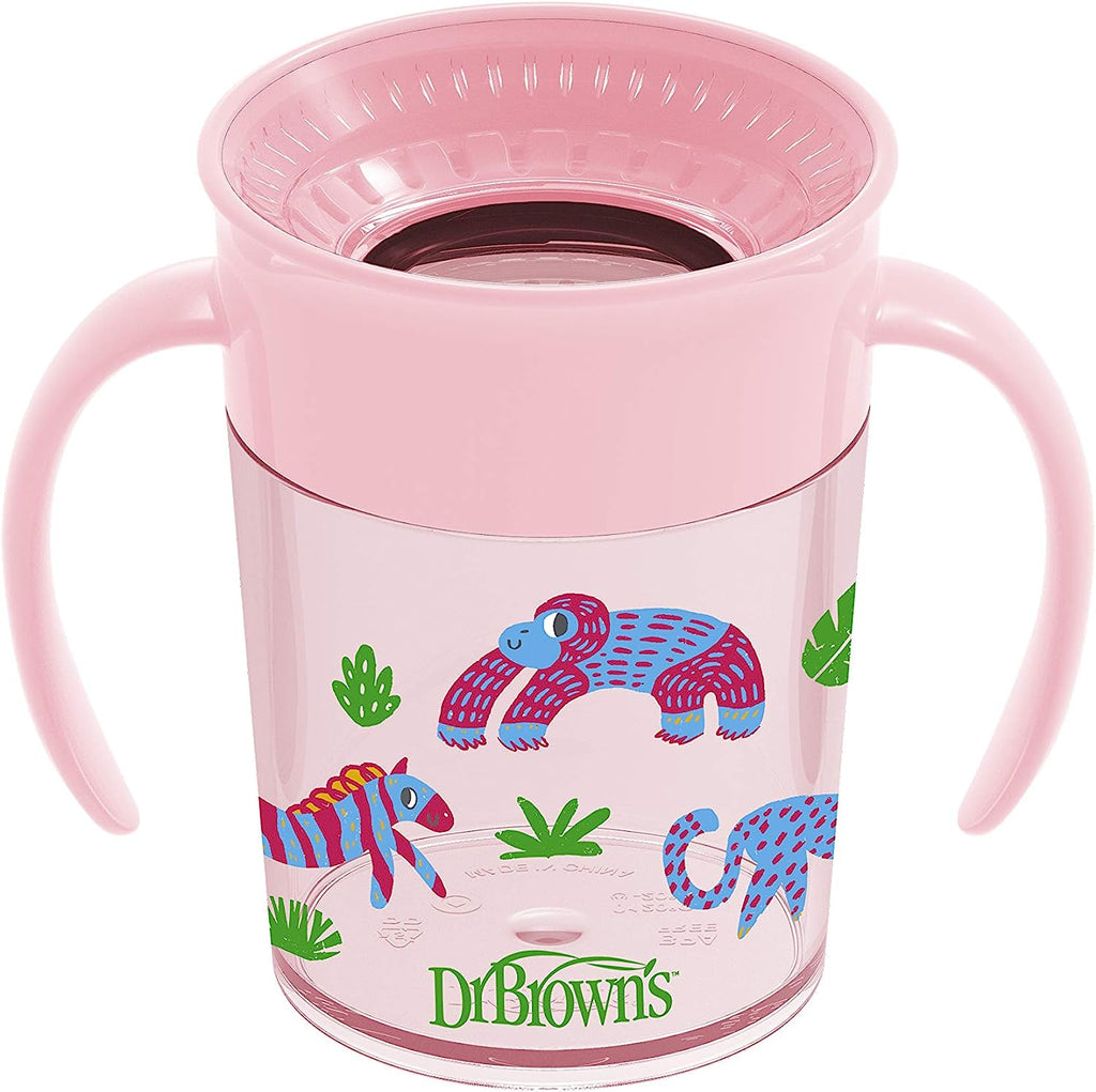 Dr. Brown's Jungle Fun Cheers 360 Training Sippy Cups with Handles, 7oz/200ml, 6m+, Pink