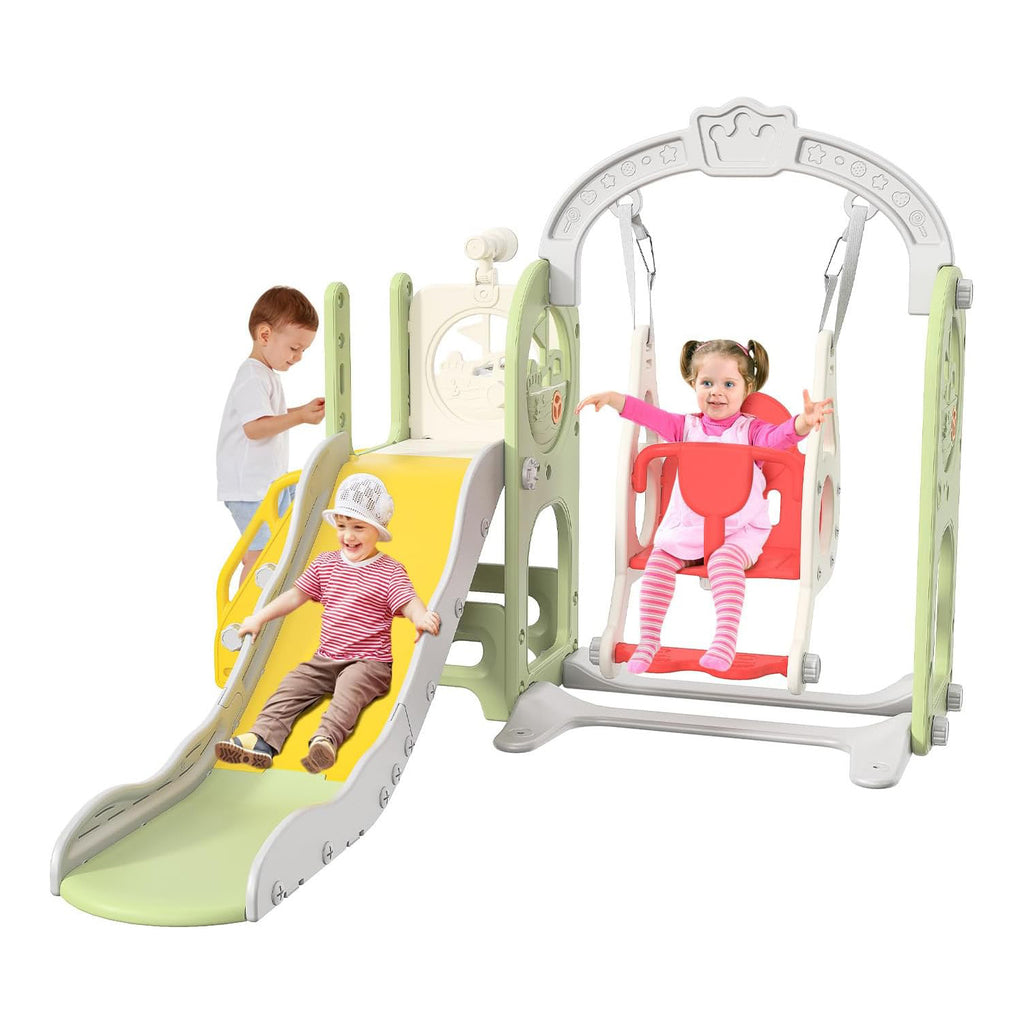 Adventure 6-in-1 Kids Slide & Swing Set | Basketball Hoop | Ladder | Telescope | Storage Area | Green - Snug N Play