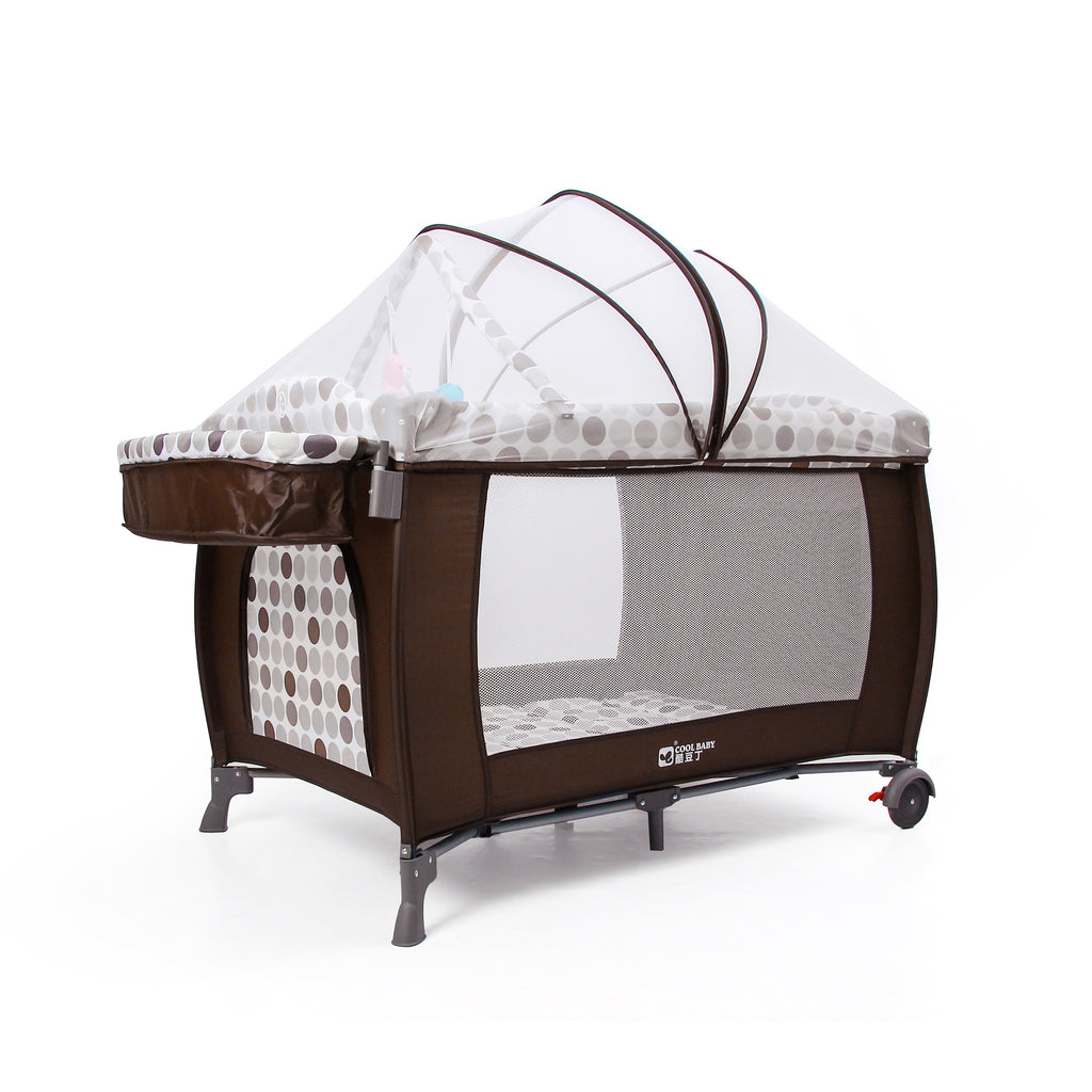 Cool Brown Baby Playpen with Hanging Toys, Mosquito Net & Storage Tray - Snug N Play