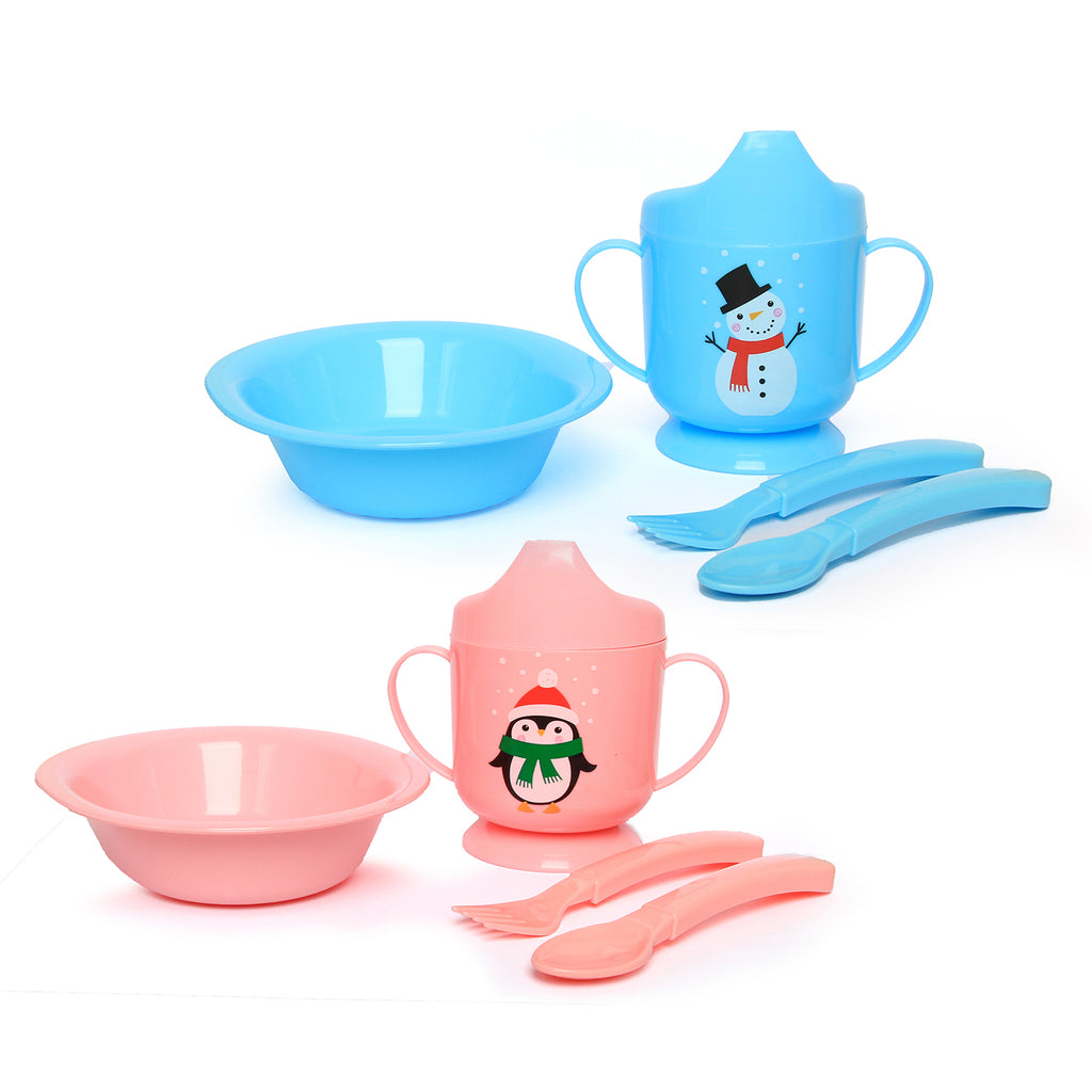 Mumlove Baby Feeding Set | 4pcs Bowl, Cup, Spoon and Fork | Penguin & Snowman