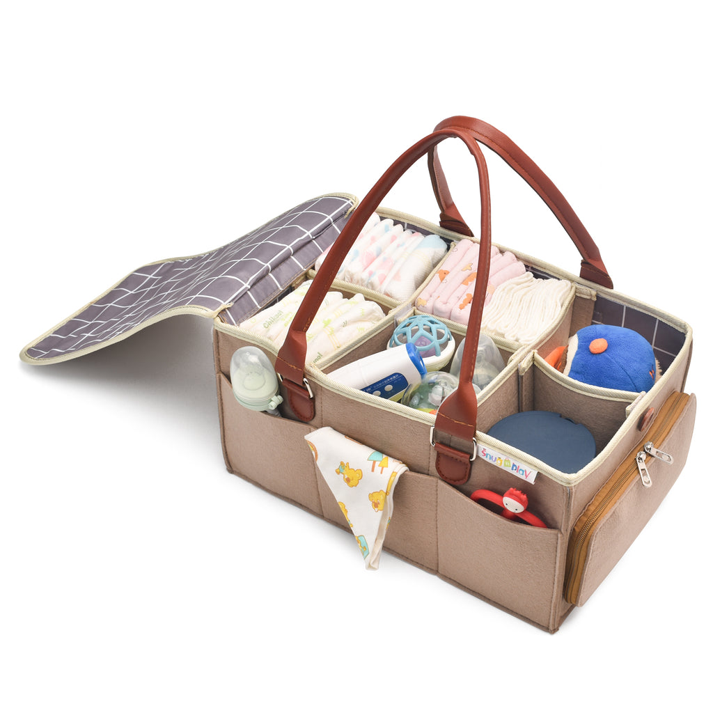 Diaper Caddy Extra Large Size with Lid | Beige with Brown Handles | Portable Diaper Organizer Bag - Snug N Play