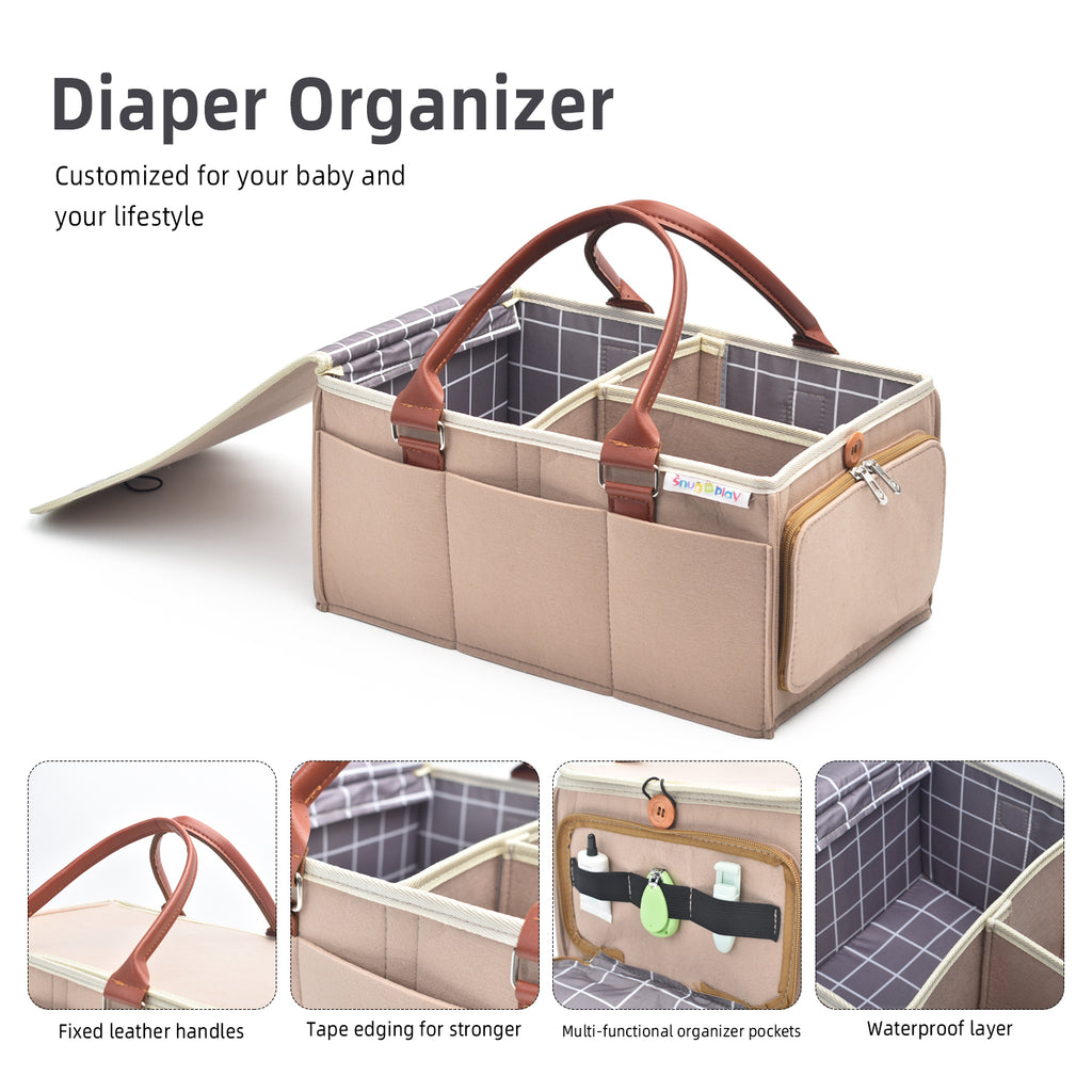 Diaper Caddy Large Size with Lid | Beige with Brown Handles | Portable Diaper Organizer Bag - Snug N Play