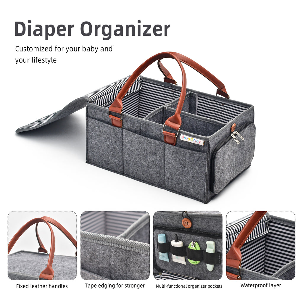Diaper Caddy Large Size with Lid | Grey with Brown Handles | Portable Diaper Organizer Bag