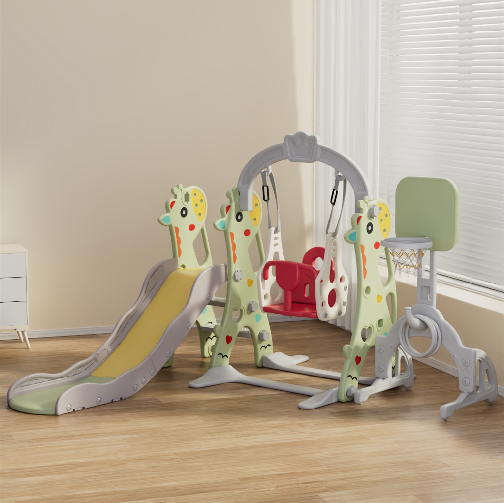 Giraffe 5-in-1 Kids Slide & Swing Set | Football | Basketball Hoop | Ring Toss | Green - Snug N Play