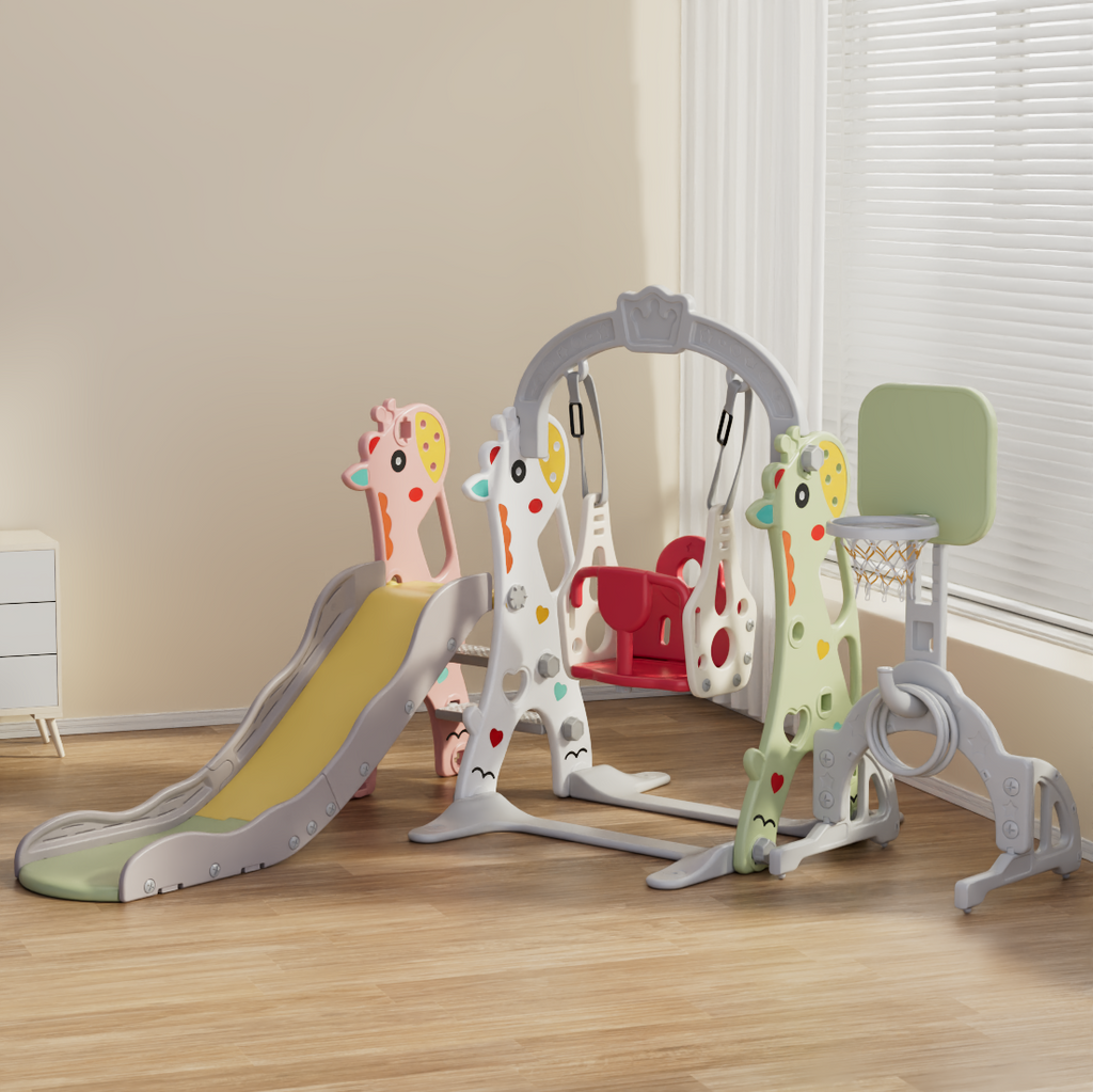 Giraffe 5-in-1 Kids Slide & Swing Set | Football | Basketball Hoop | Ring Toss | Multicolor - Snug N Play