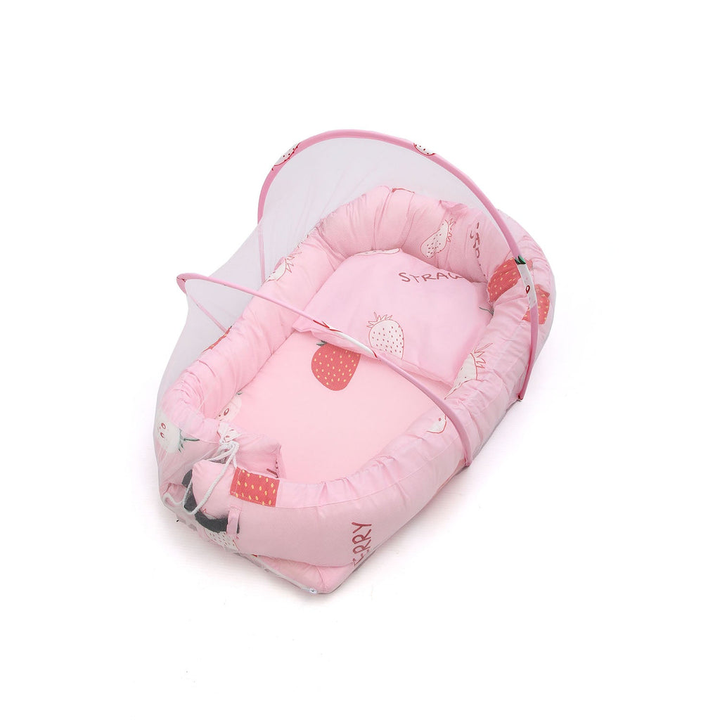 Portable Pink Baby Nest With Mosquito Net | Breathable Cotton Baby Lounger - Snug N Play