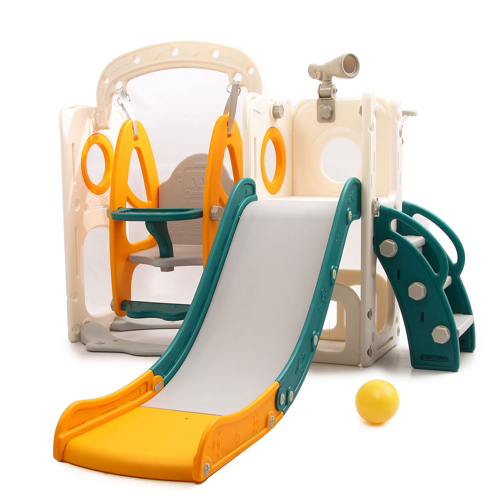 Bus 5-in-1 Kids Slide & Swing Set | Basketball Hoop | Storage Area | Telescope - Slide and Swing