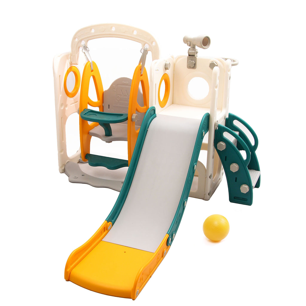 Bus 5-in-1 Kids Slide & Swing Set | Basketball Hoop | Storage Area | Telescope - Slide for Kids