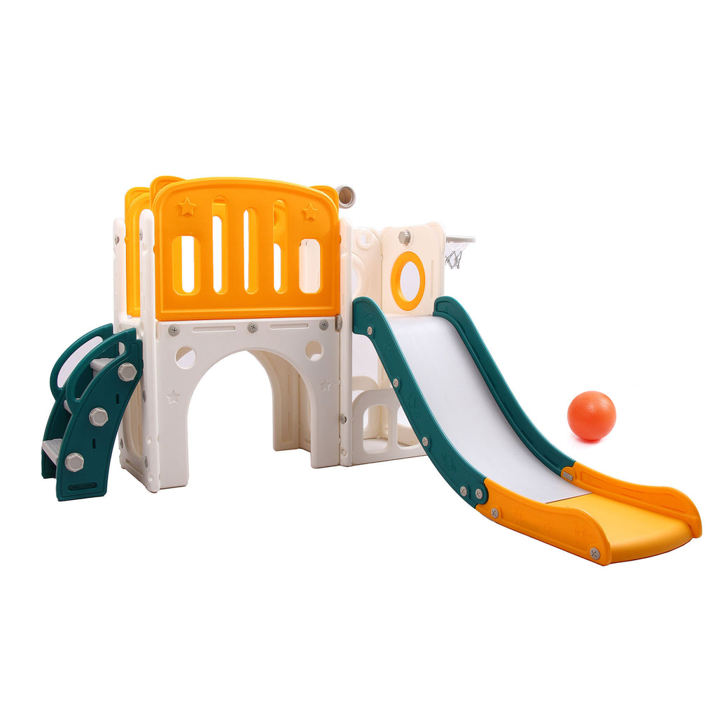 Bridge Playhouse 5-in-1 Kids Slide Set | Basketball Hoop | Tunnel | Storage Area | Telescope