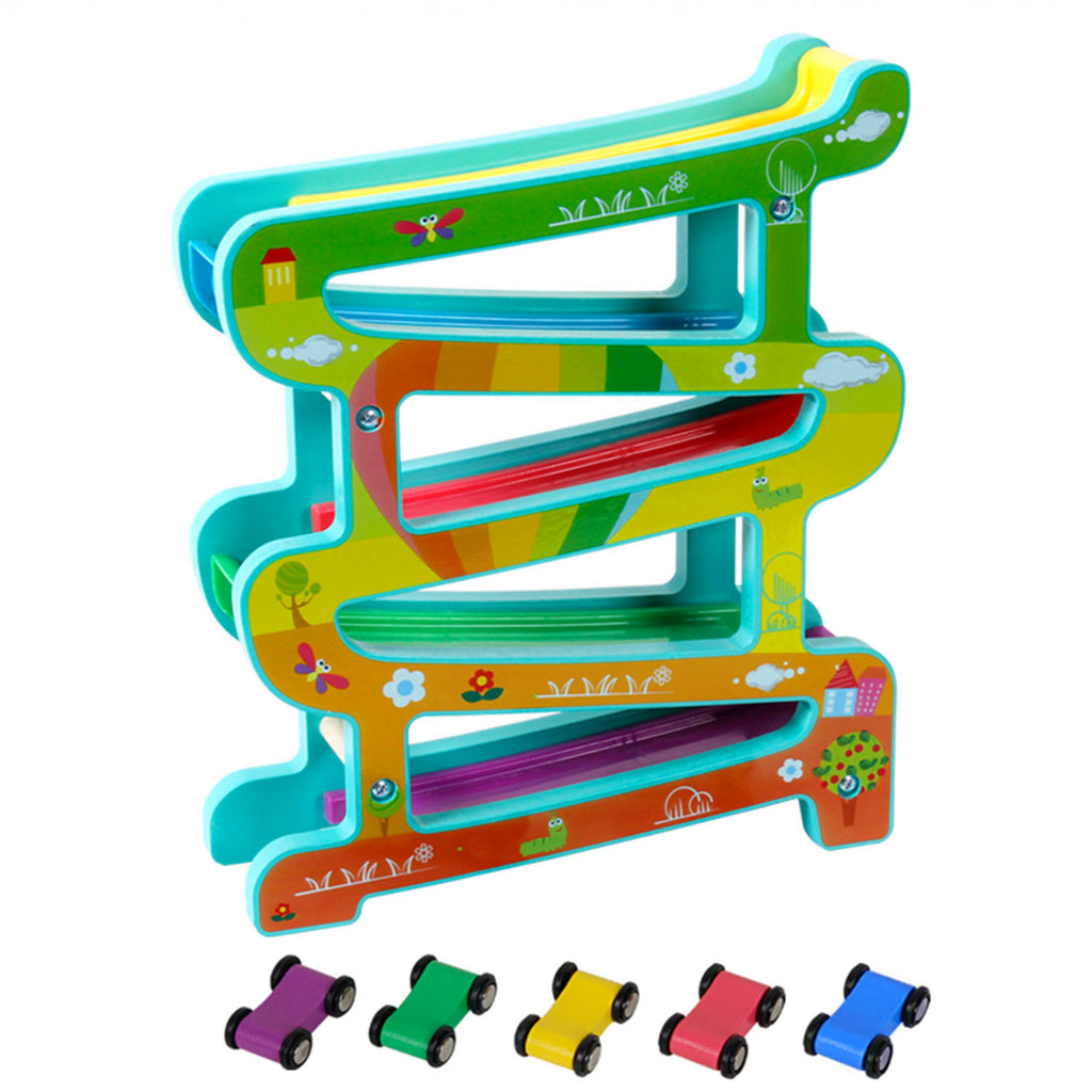 Wooden Track Race Game with 5 Gliding Cars - Snug N Play