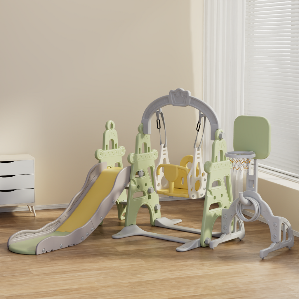 Tower 5-in-1 Kids Slide & Swing Set | Football | Basketball Hoop | Ring Toss | Green - Snug N Play