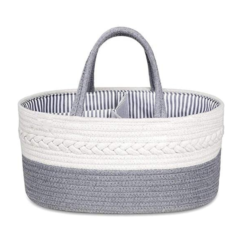 Diaper Caddy | Rope Portable Diaper Organizer Bag | Grey/White | Large