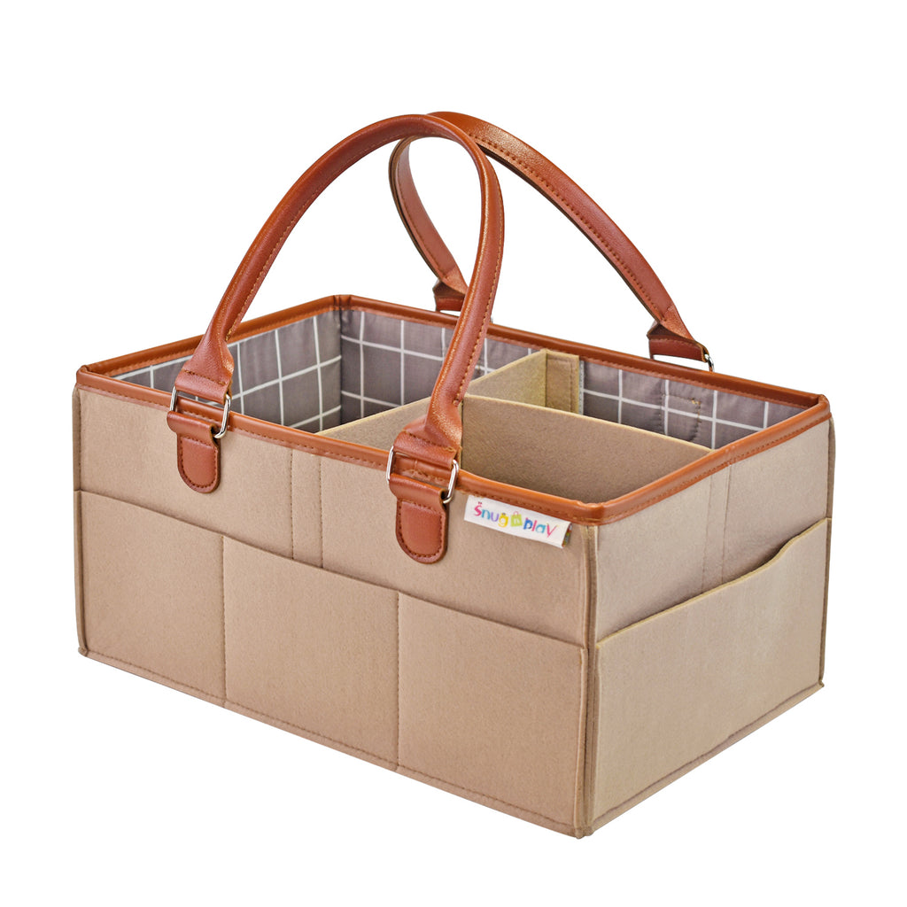 Diaper Caddy Large Size | Beige with Brown Handles | Portable Diaper Organizer Bag
