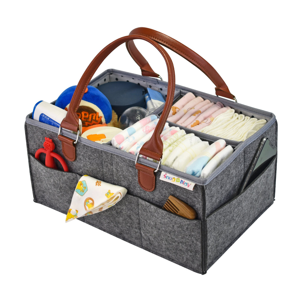 Diaper Caddy | Portable Diaper Organizer Bag | Grey with Brown