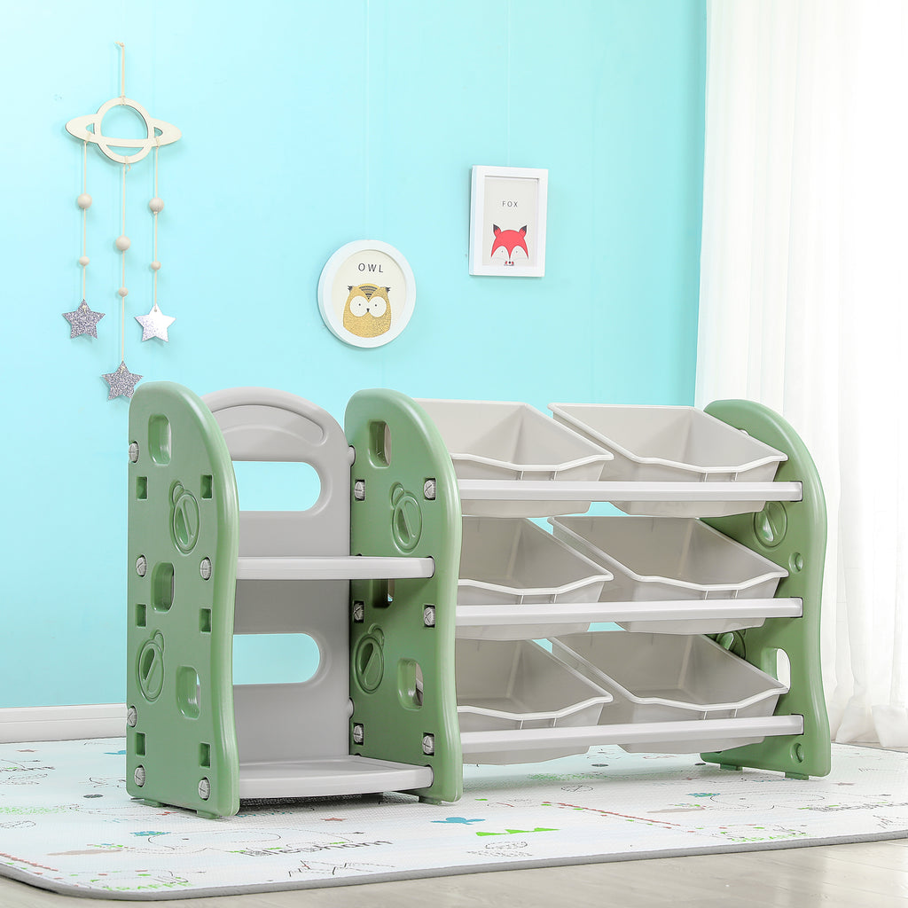 Turtle Green Kids Toys Storage Rack with 6 Bins & Side Bookshelf - Snug N Play 