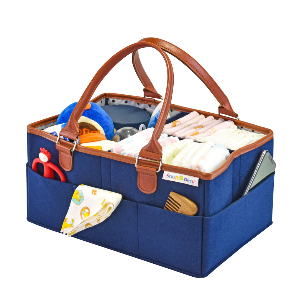 Diaper Caddy Large Size | Navy Blue with Brown Handles | Portable Diaper Organizer Bag