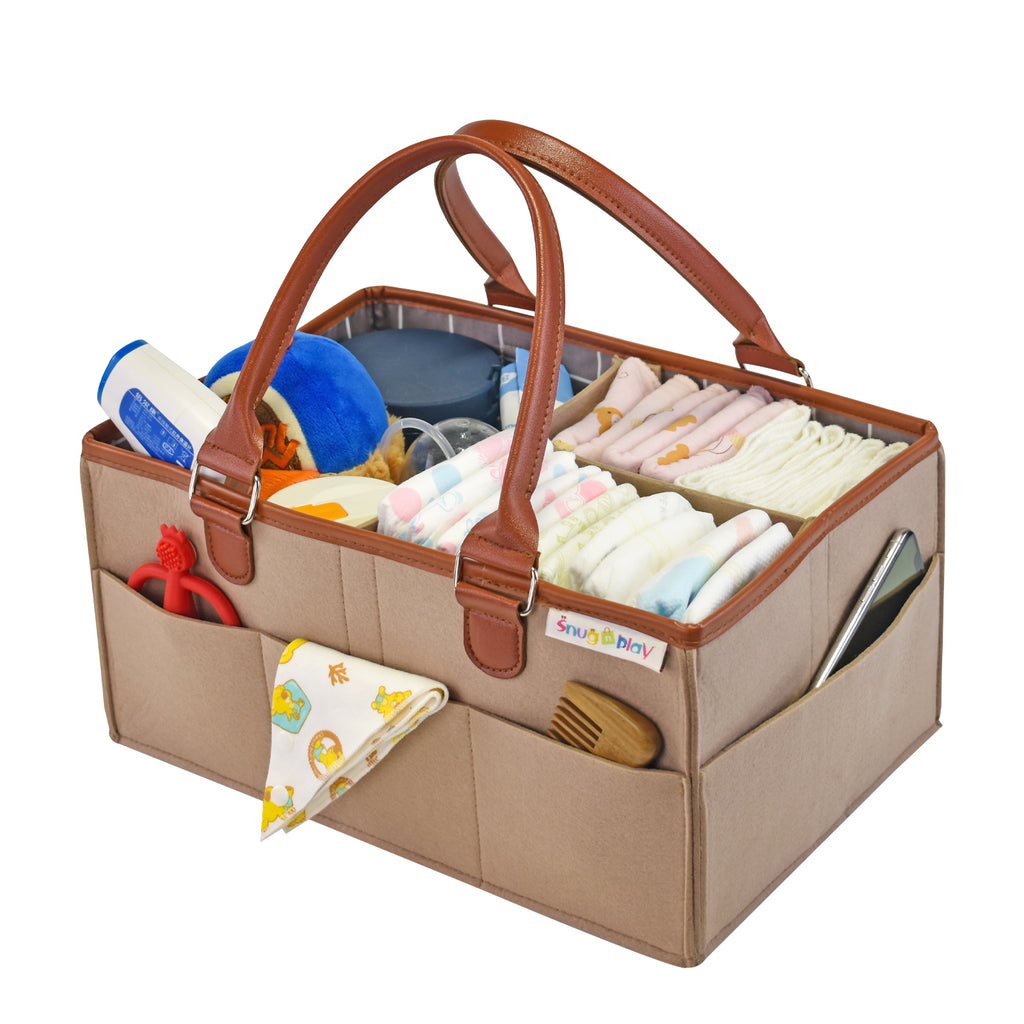 Diaper Caddy Large Size | Beige with Brown Handles | Portable Diaper Organizer Bag - Snug N Play