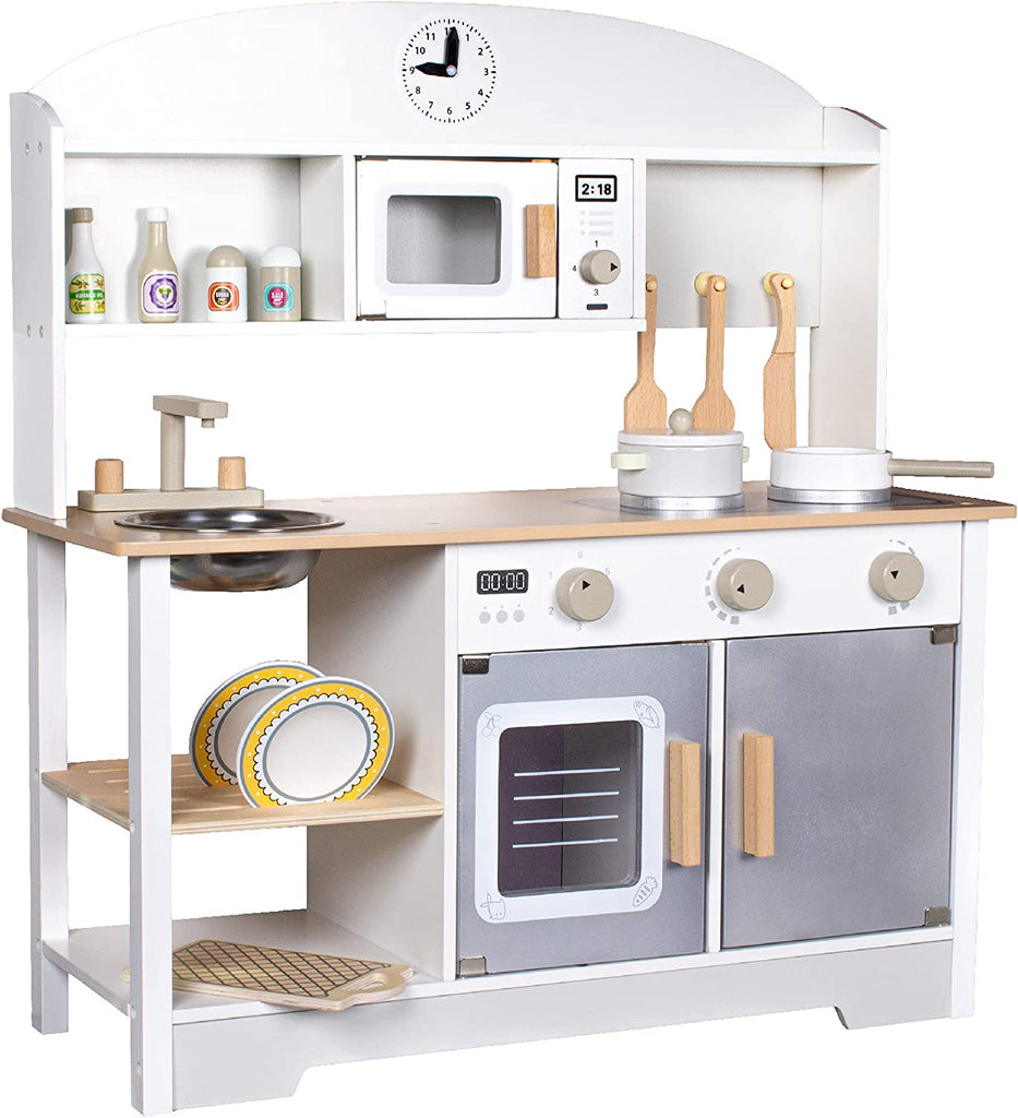Pretend Wooden Play Kitchen with Microwave, Sink, Oven & Accessories