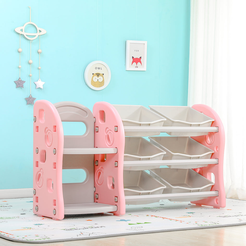 Turtle Pink Kids Toys Storage Rack with 6 Bins & Side Bookshelf - Snug N Play