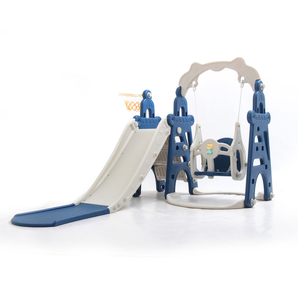 Tower 4 in 1 Kids Slide and Swing Set | Basketball Hoop | Music | Blue