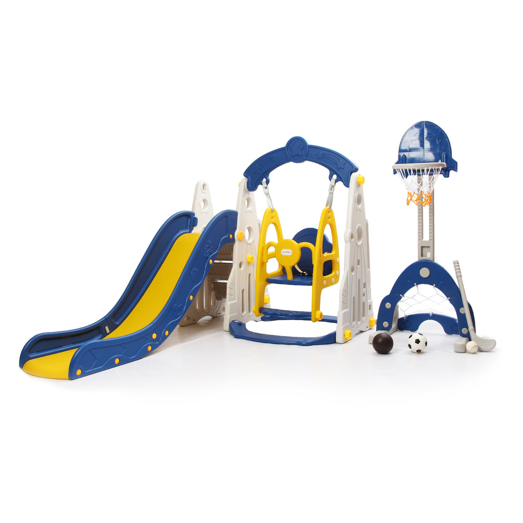 Spaceship 5-in-1 Kids Slide & Swing Set | Basketball Hoop | Football | Golf