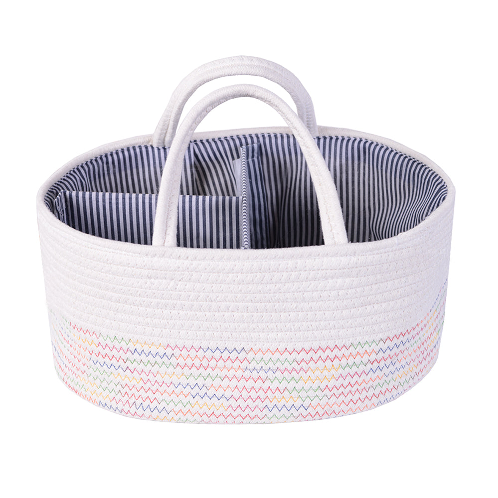 Diaper Caddy | Rope Portable Diaper Organizer Bag | White With Rainbow Stitching | Large - Snug N' Play