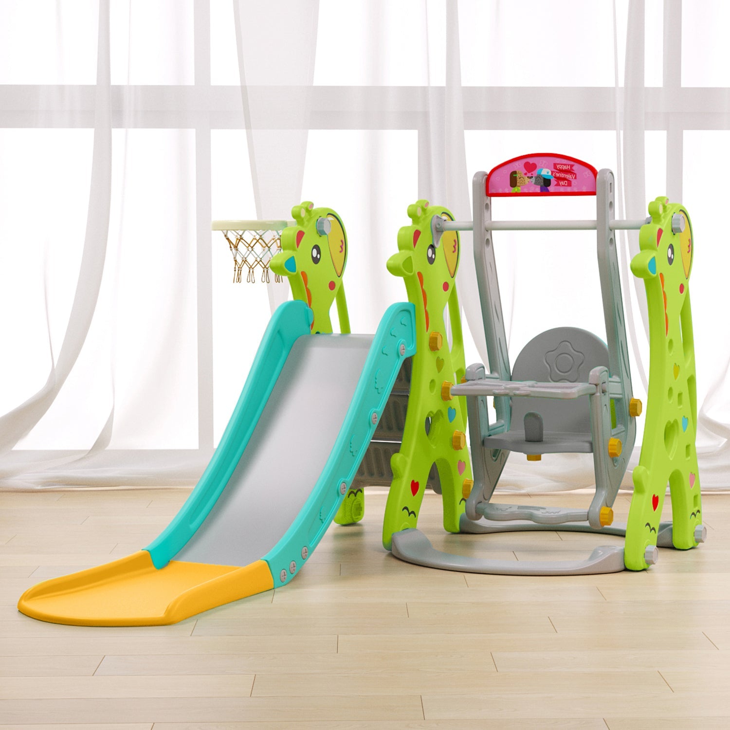 Giraffe in Kids Slide and Swing Set with Basketball Hoop