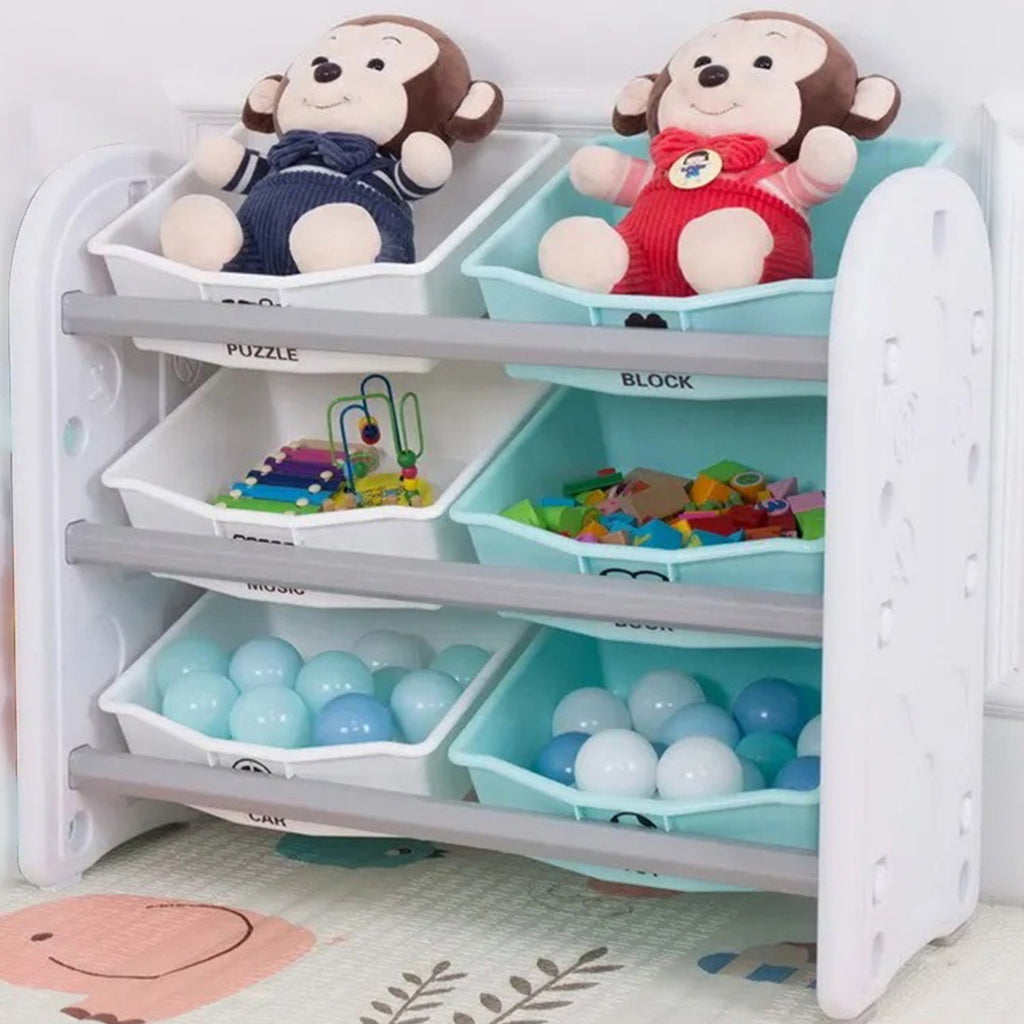 Kids Toys Storage Rack with 6 Bins - Aqua - Snug N' Play