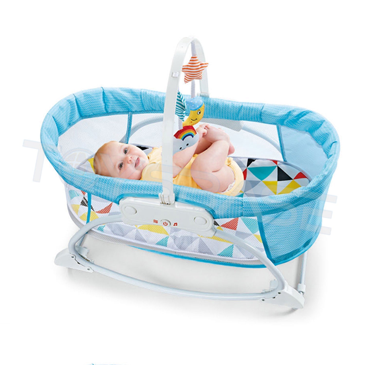 Sleep Peacefully Rocker Bassinet Mosquito Net Vibrations Music Toy Bar Blue Online in Pakistan Snug N Play